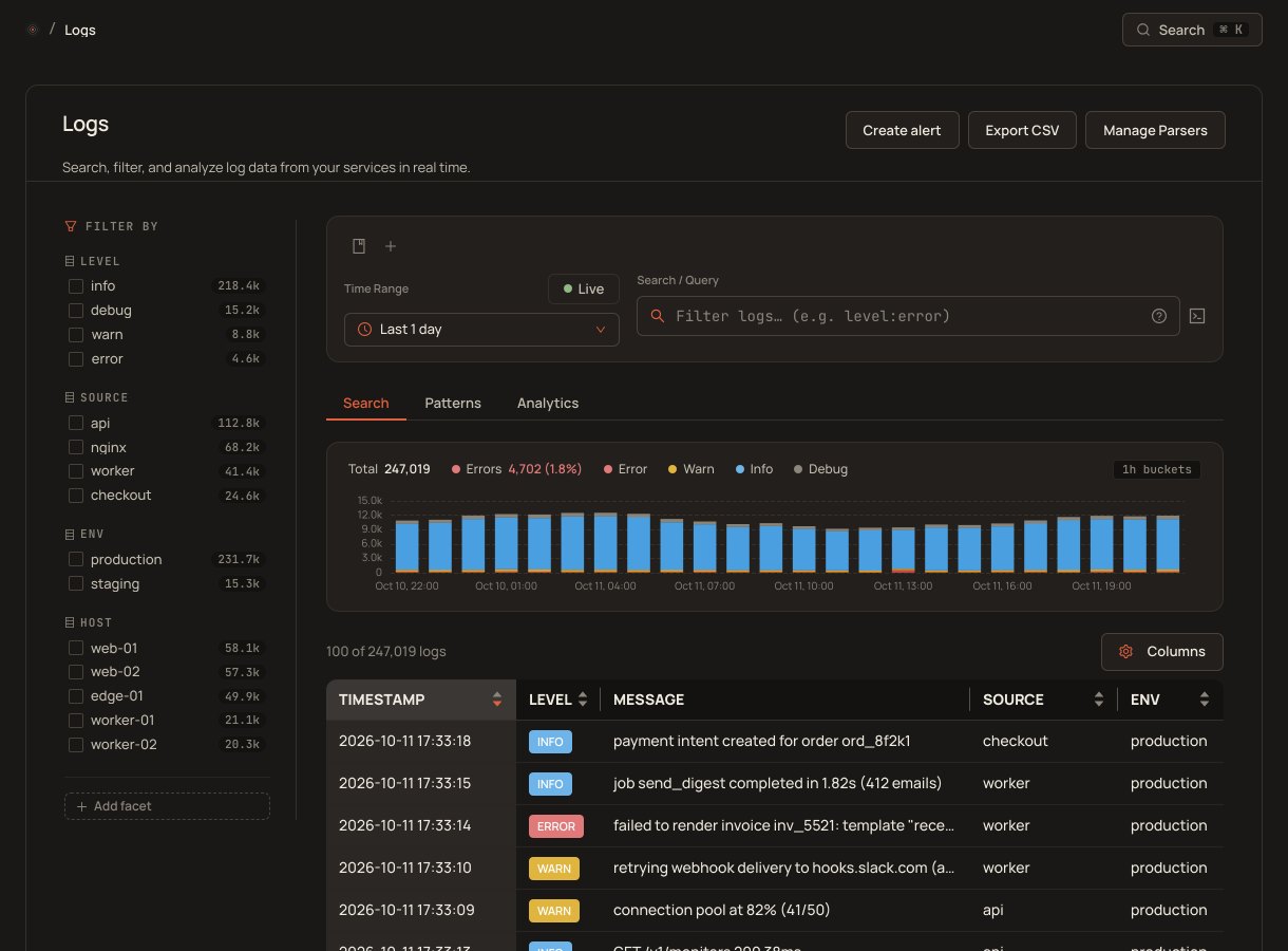 Site Qwality application log explorer with a timeline and structured log entries